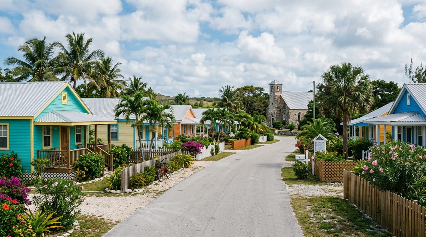 Traditional Bahamian houses along quiet road in Buckley's Settlement Long Island with palm trees