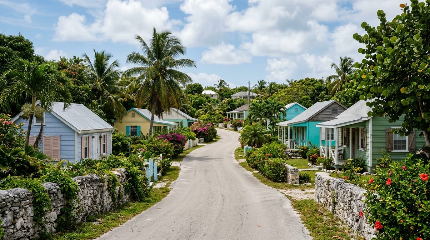 Quiet residential road through Burnt Ground Settlement Long Island with tropical vegetation and blue sky