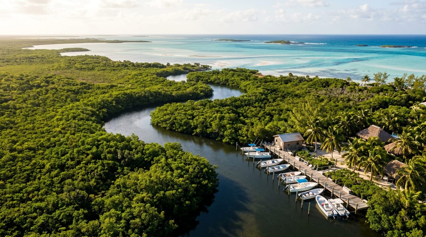 Aerial view of Cargill Creek winding through mangroves with fishing boats at the dock and turquoise flats beyond