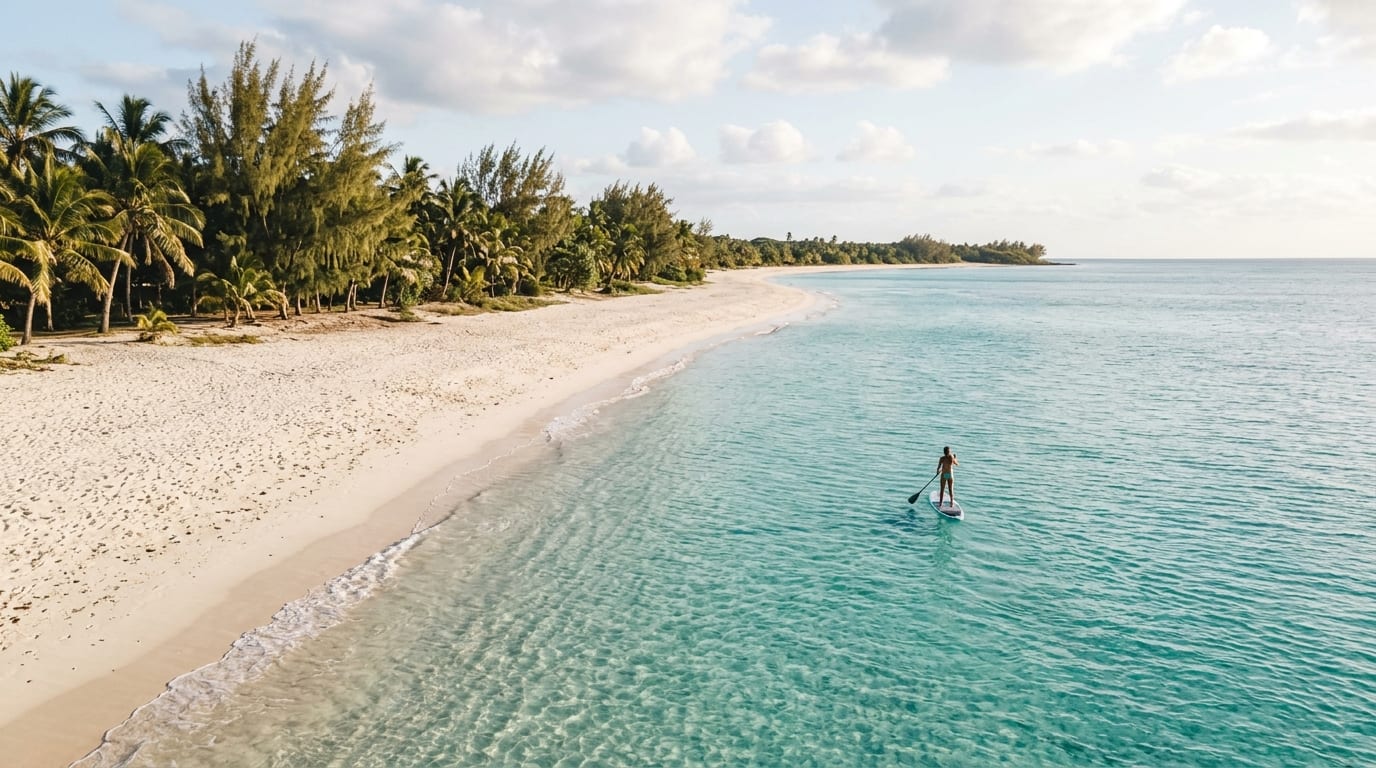Casuarina Point Beach on Great Abaco showing miles of white sand and calm turquoise shallows stretching to the horizon