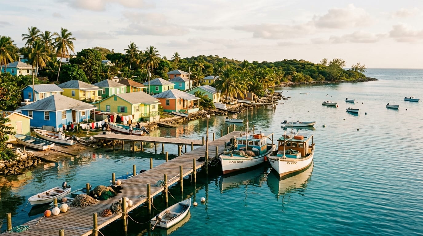 Quiet waterfront of Cherokee Sound settlement showing traditional Bahamian houses along the harbour with fishing boats moored at the dock