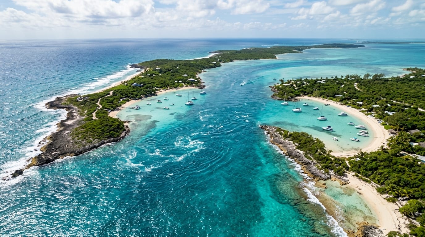 Aerial view of Current Cut passage between Eleuthera and Current Island, showing the narrow channel of turquoise water
