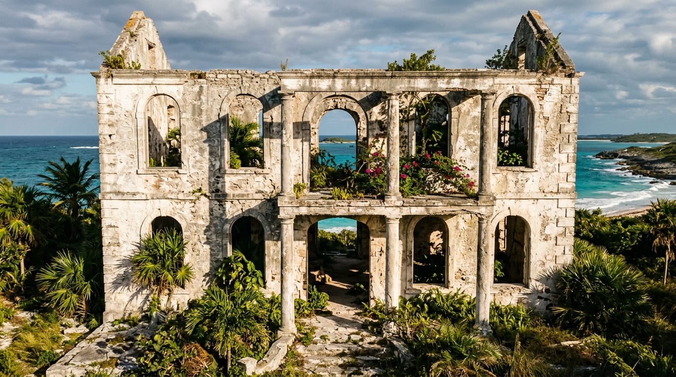 Overgrown stone ruins of Deveaux Plantation mansion at Port Howe Cat Island Bahamas