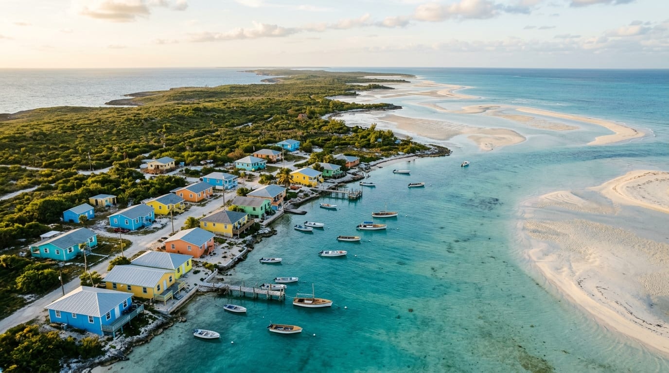 View of Duncan Town settlement on Ragged Island with colorful houses, calm harbor, and bonefishing flats stretching to the horizon