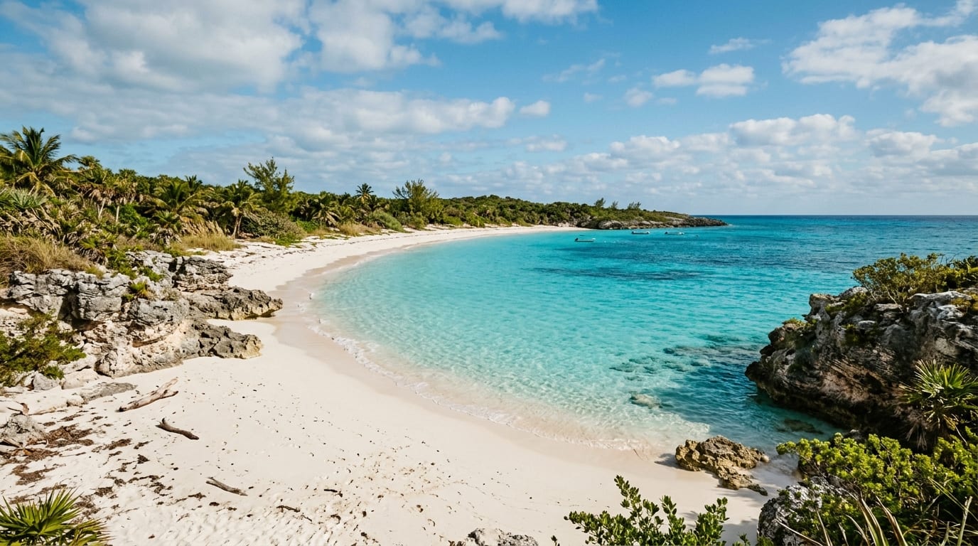 Secluded white sand cove at Forbes Hill Beach with rocky outcrops and crystal-clear turquoise water