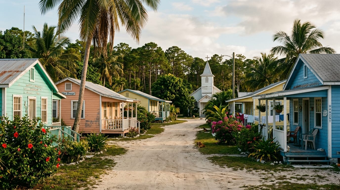 Traditional Bahamian houses in Freetown settlement with palm trees and pine forest in background
