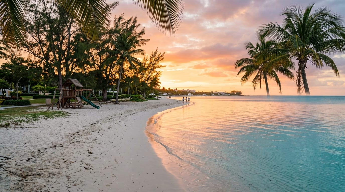Goodman's Bay Beach at sunset with calm turquoise water reflecting golden light, white sand, and shade trees in the background