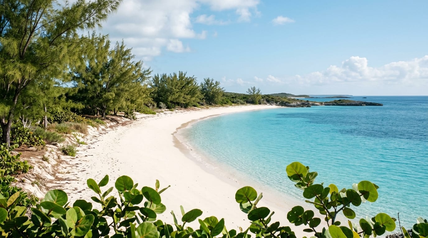 Empty white sand beach curving along calm turquoise Caribbean water at Gordon's Beach Long Island Bahamas