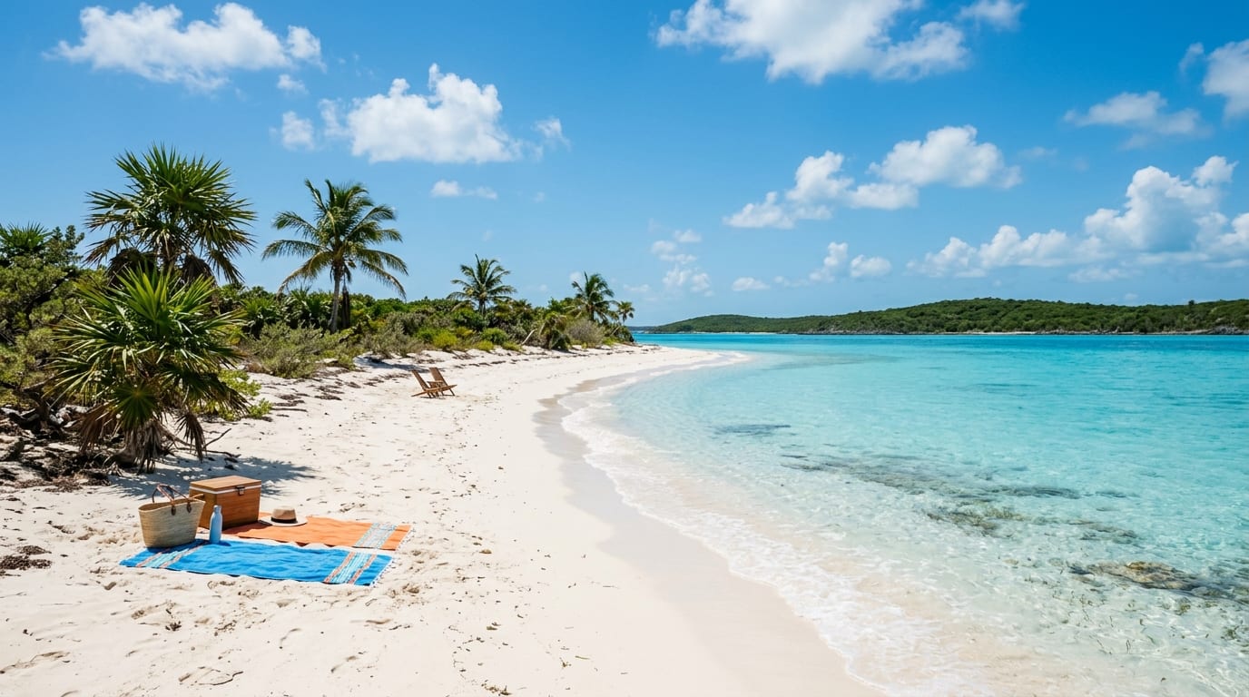 Sandy beach on Hog Cay with turquoise water, scrub vegetation, and Ragged Island visible in the distance