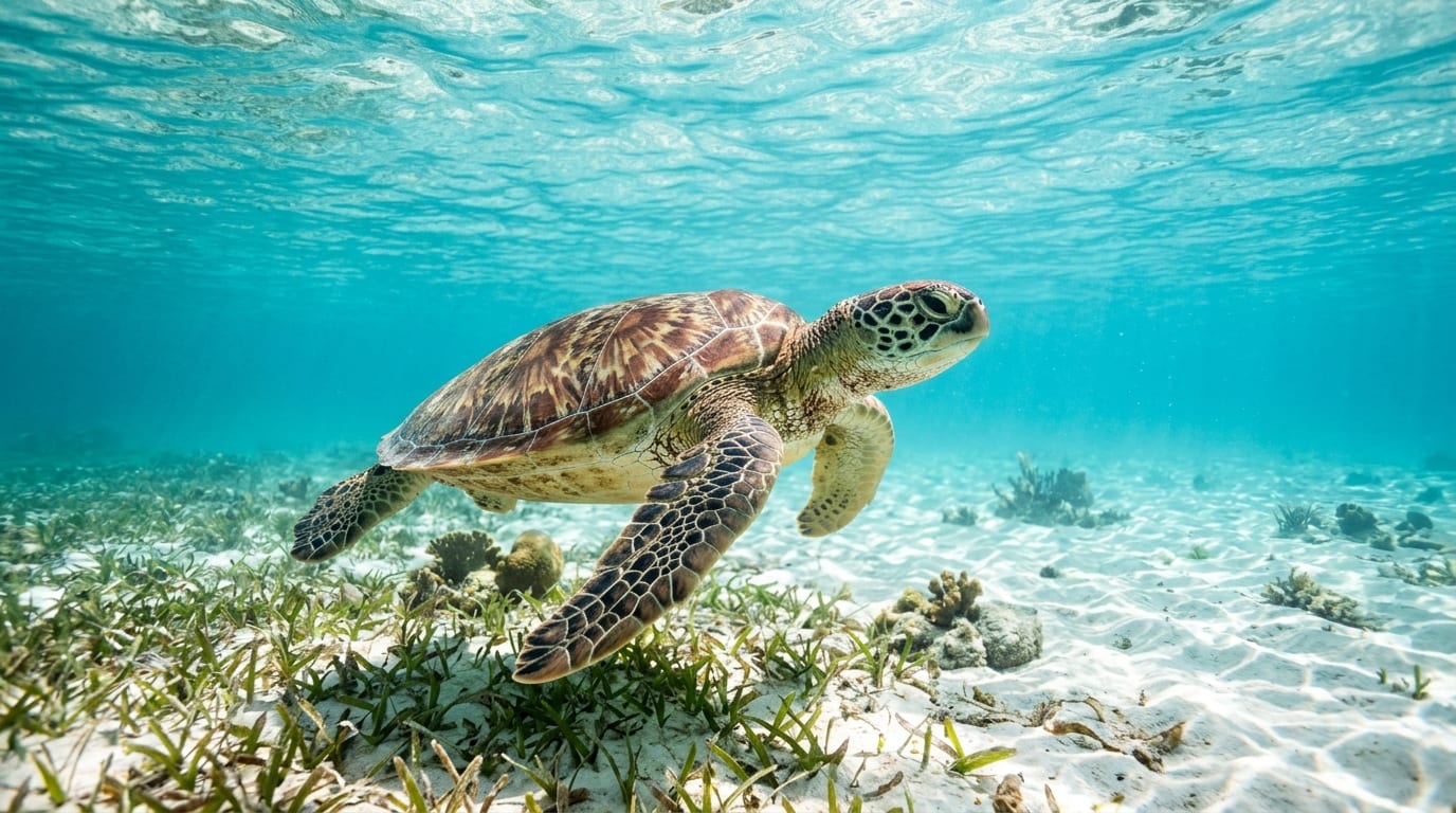 Green sea turtle swimming through crystal-clear turquoise water at Hooper's Bay Beach with sandy bottom visible below