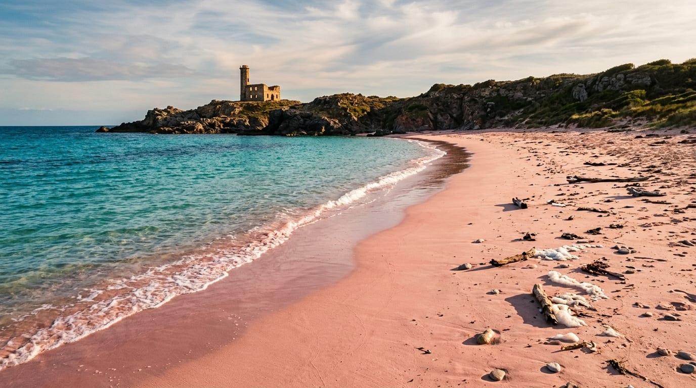 Miles of rose-pink sand stretching along Eleuthera's southern coastline with turquoise water and the ruins of the historic lighthouse visible on the point