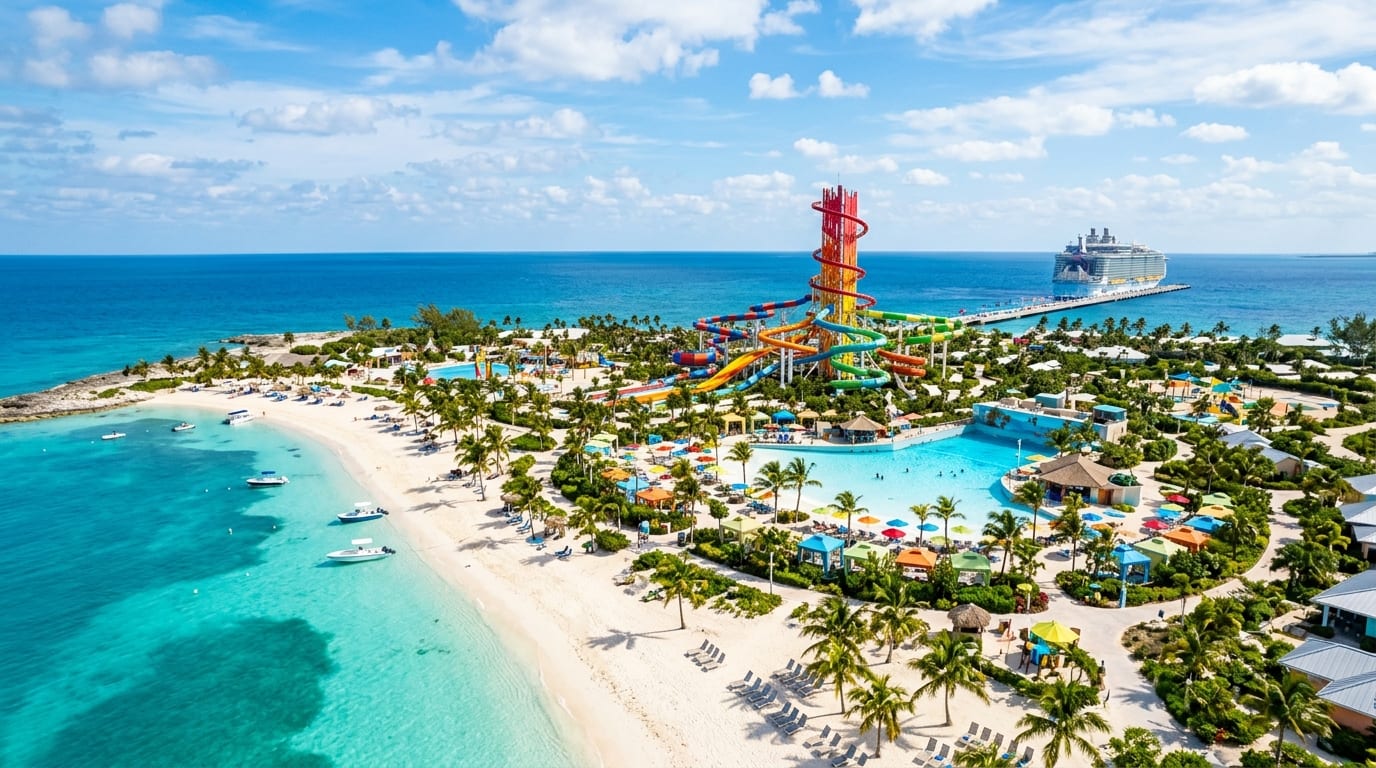 Perfect Day at CocoCay private island in the Berry Islands showing waterpark slides and beach areas