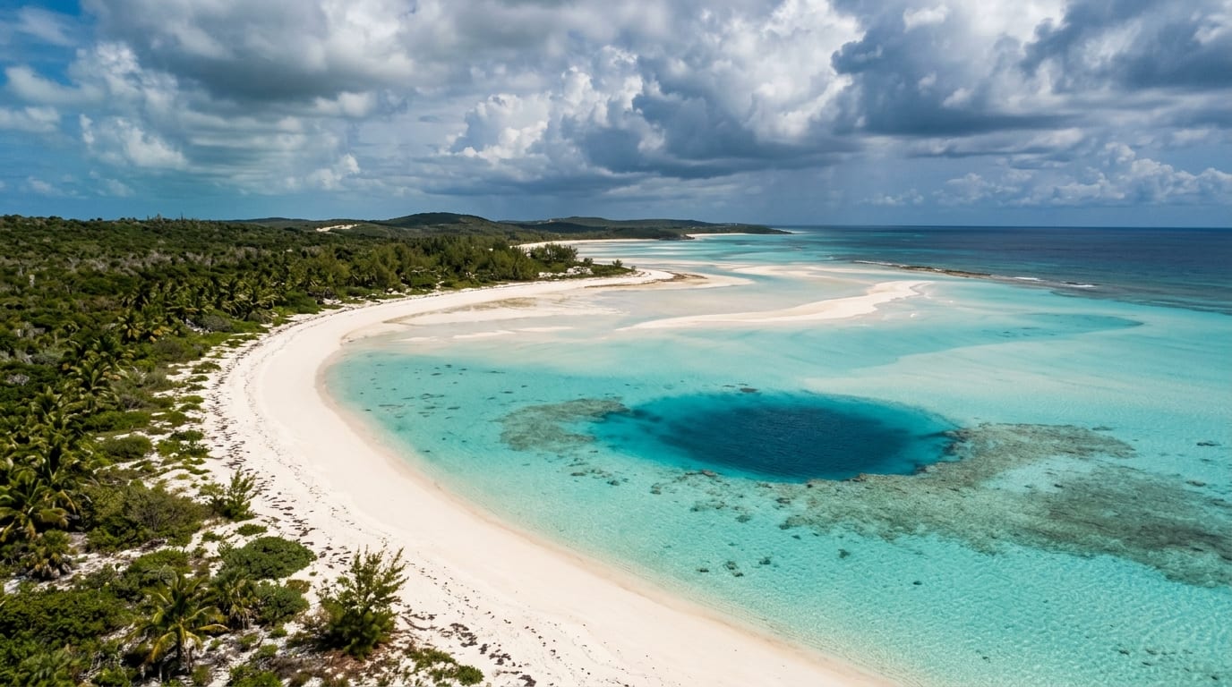 Secluded white sand beach with blue hole visible in turquoise water at Lochabar Beach Long Island Bahamas