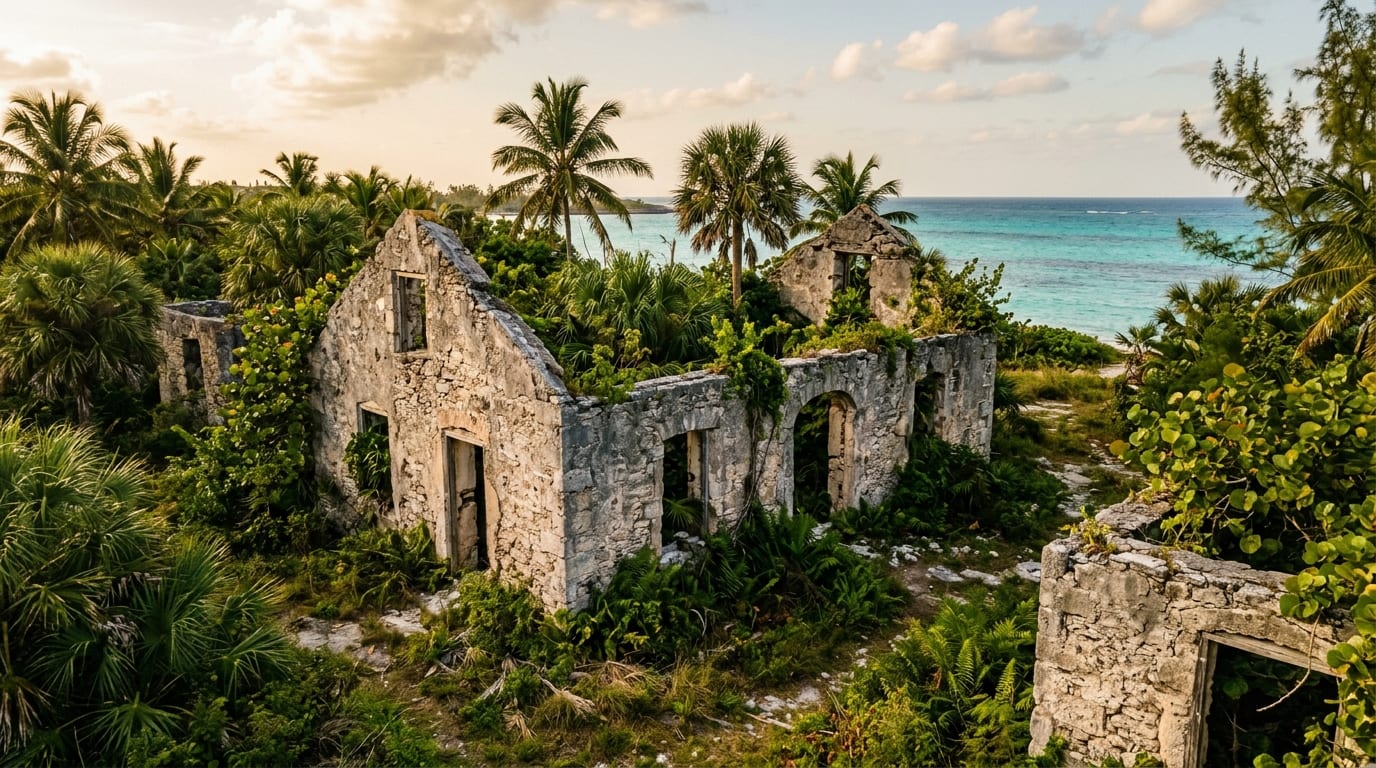 Ruins of colonial buildings in Albert Town on Long Cay with tropical vegetation reclaiming the abandoned structures