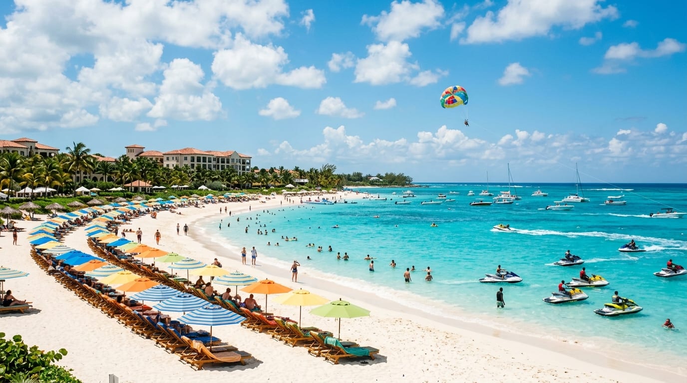 Busy white sand beach at Lucaya with parasailing boats offshore, colourful beach umbrellas, and resort buildings lining the shore