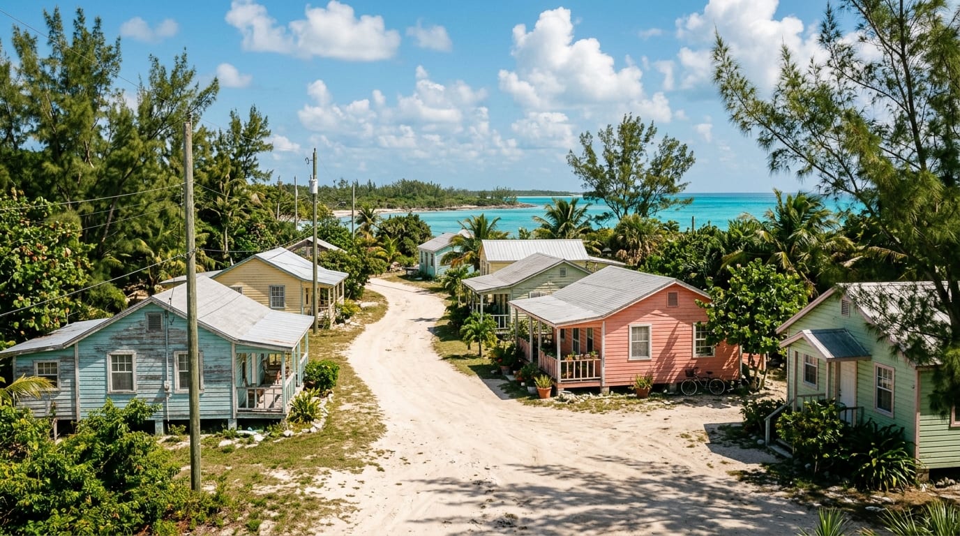 The quiet coastal settlement of Mastic Point with traditional Bahamian homes and native vegetation under a bright tropical sky