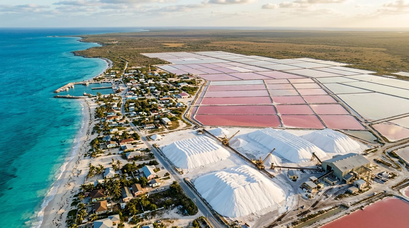 Aerial view of Matthew Town on Great Inagua showing the settlement, Morton Salt ponds, and flamingo habitat in the distance