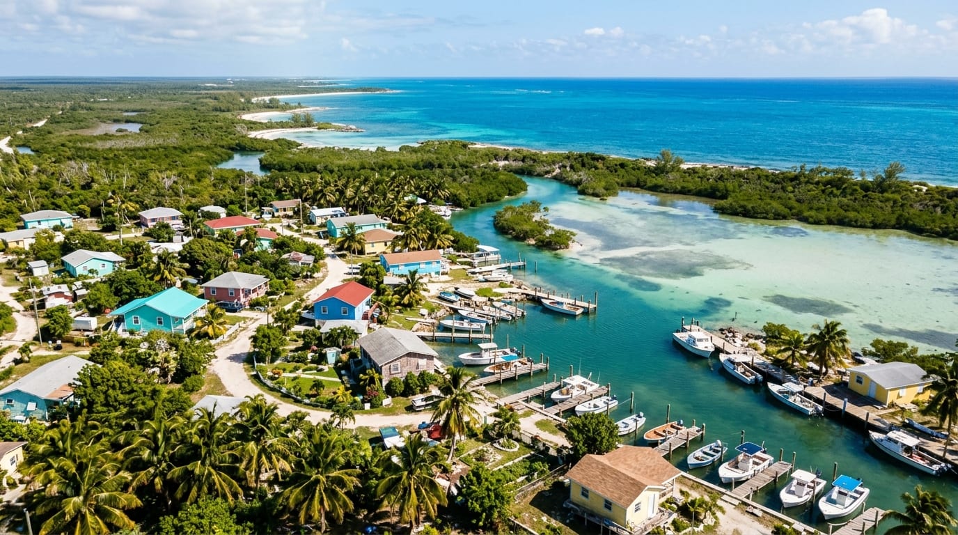 Aerial view of McLean's Town settlement on Grand Bahama's eastern tip with turquoise waters and mangrove-lined coast