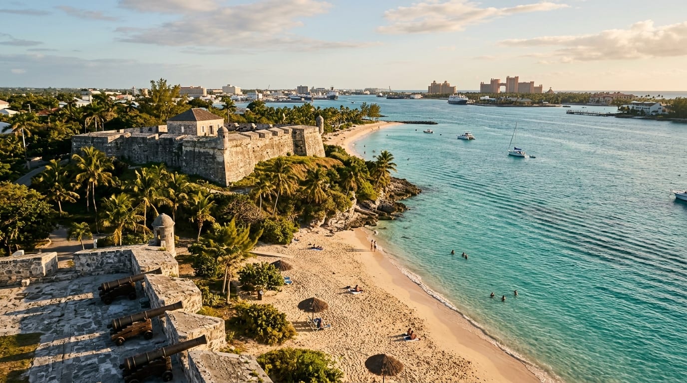 View of Montagu Beach with calm turquoise water, historic Fort Montagu's limestone walls and cannons visible above the beach