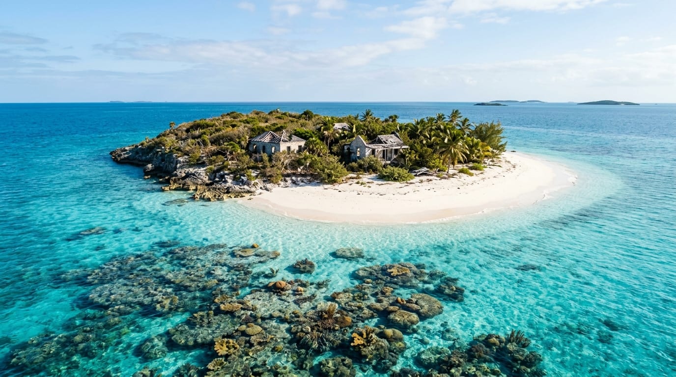 Moraine Cay viewed from the water showing white sand beach and low vegetation with turquoise reef waters in the foreground
