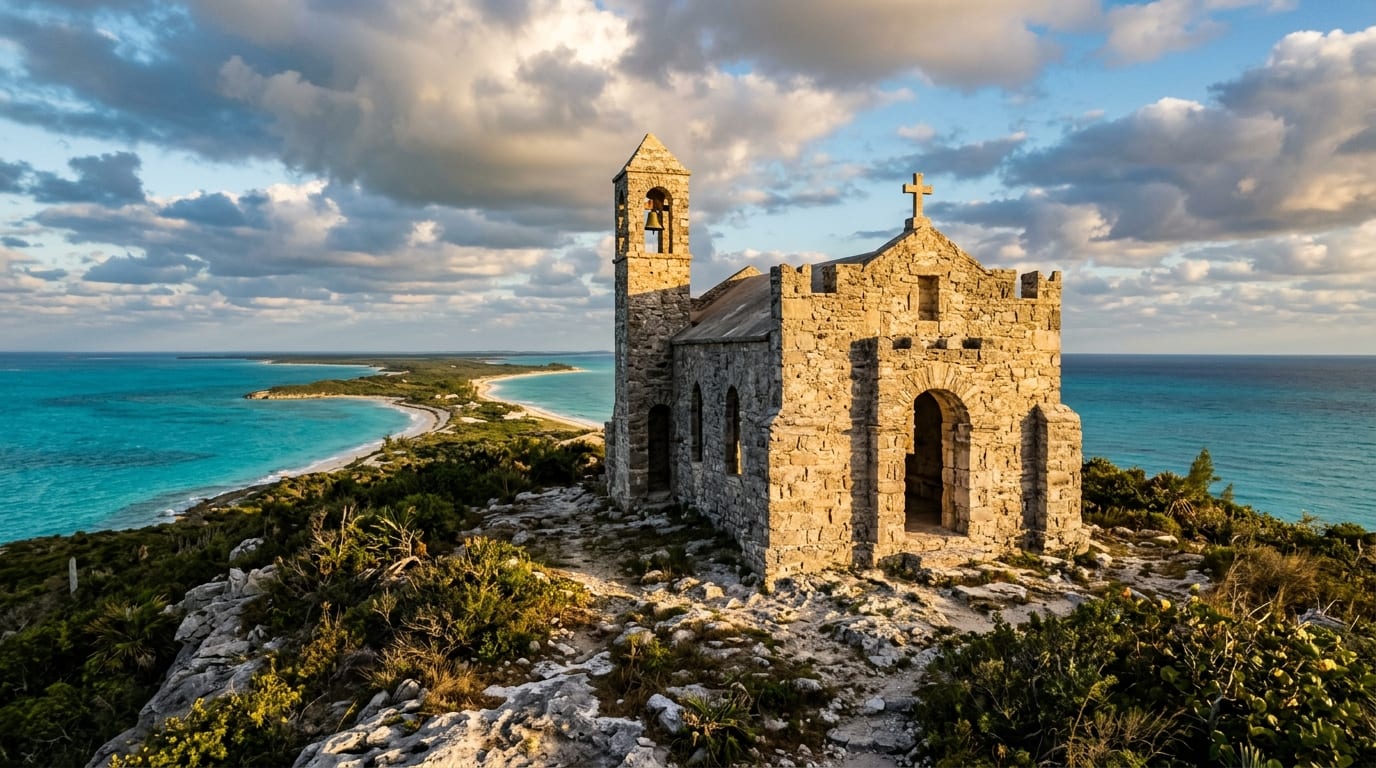 Stone Hermitage perched atop Mt Alvernia on Cat Island Bahamas with panoramic ocean views in both directions