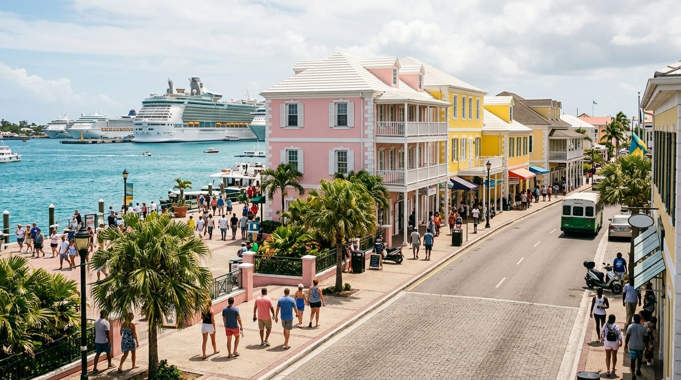 Pastel colonial buildings along Bay Street in downtown Nassau with the harbour and cruise ships in the background