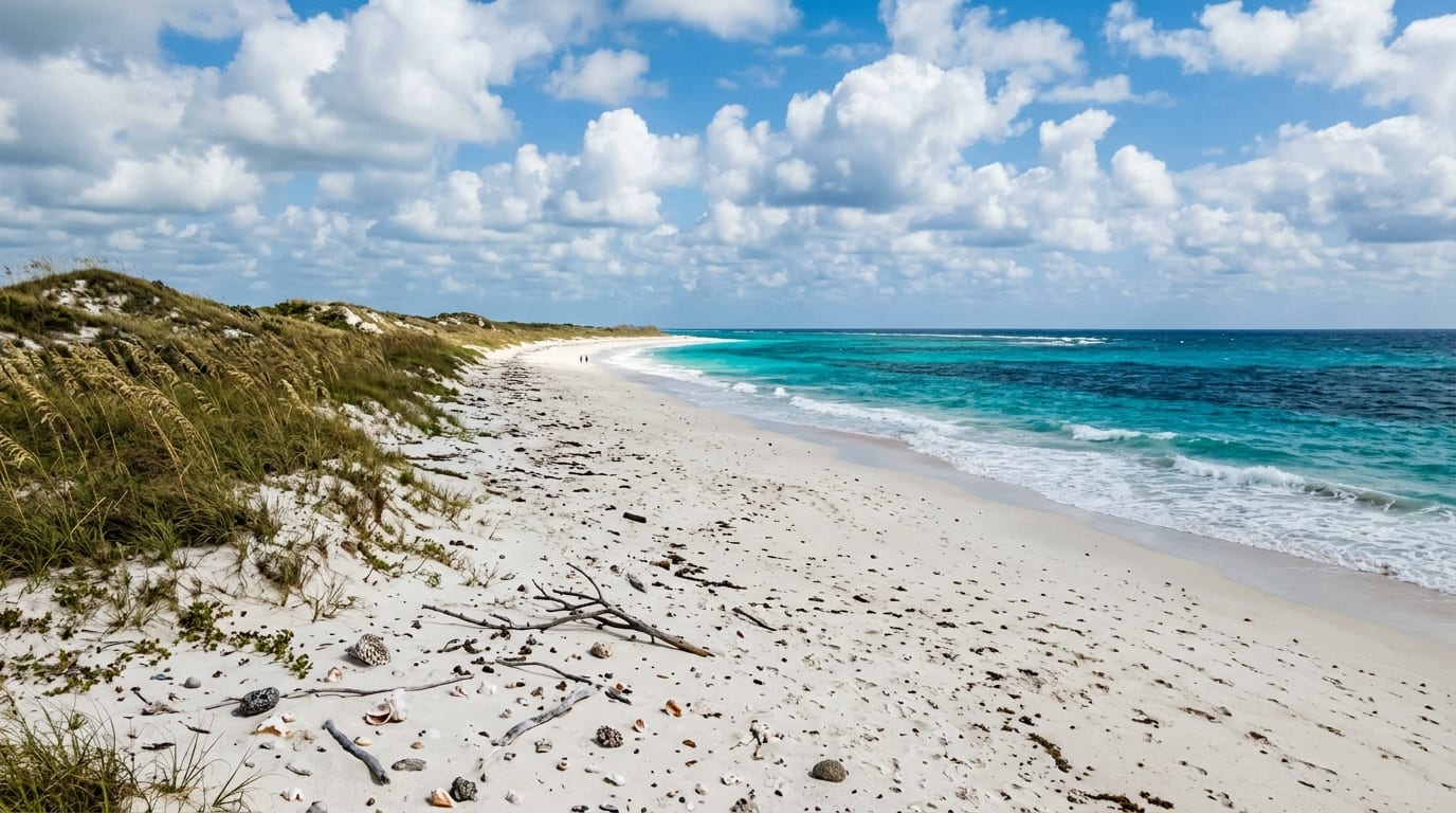 Ocean Beach on Green Turtle Cay showing a long stretch of white sand meeting Atlantic surf with barrier reef visible offshore