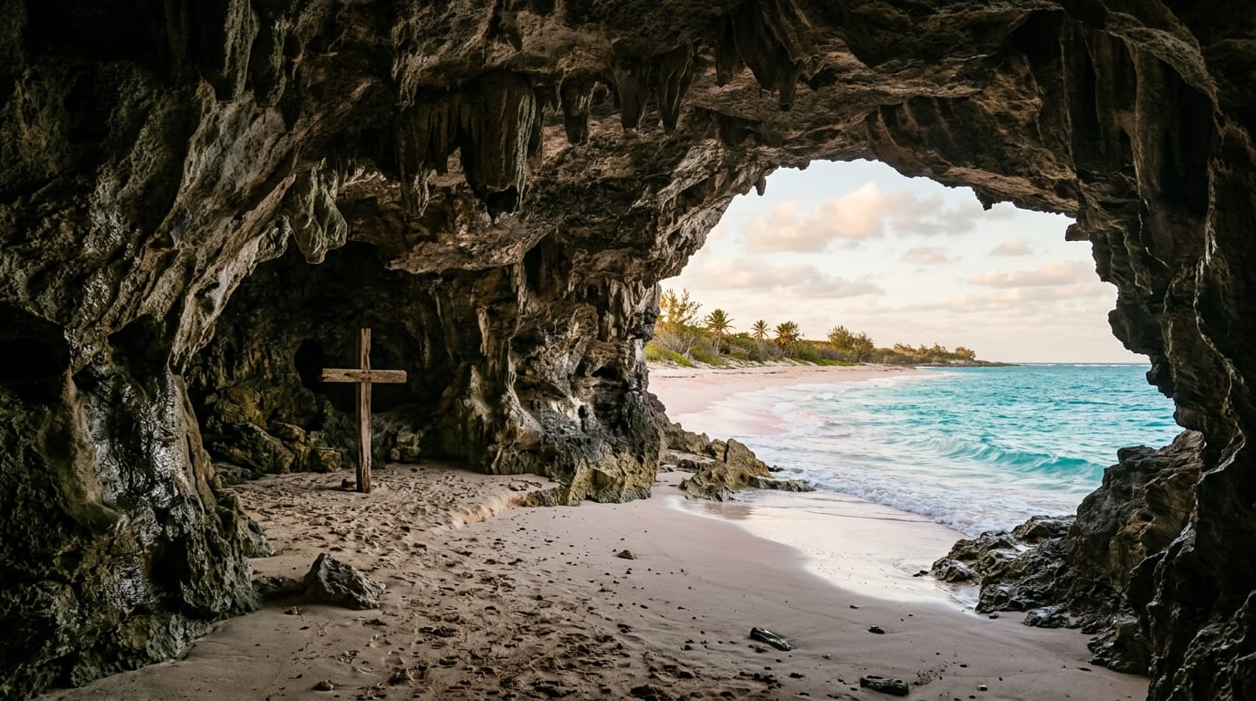 Wide opening of Preacher's Cave on Eleuthera with pale sand floor and Tay Bay Beach visible beyond