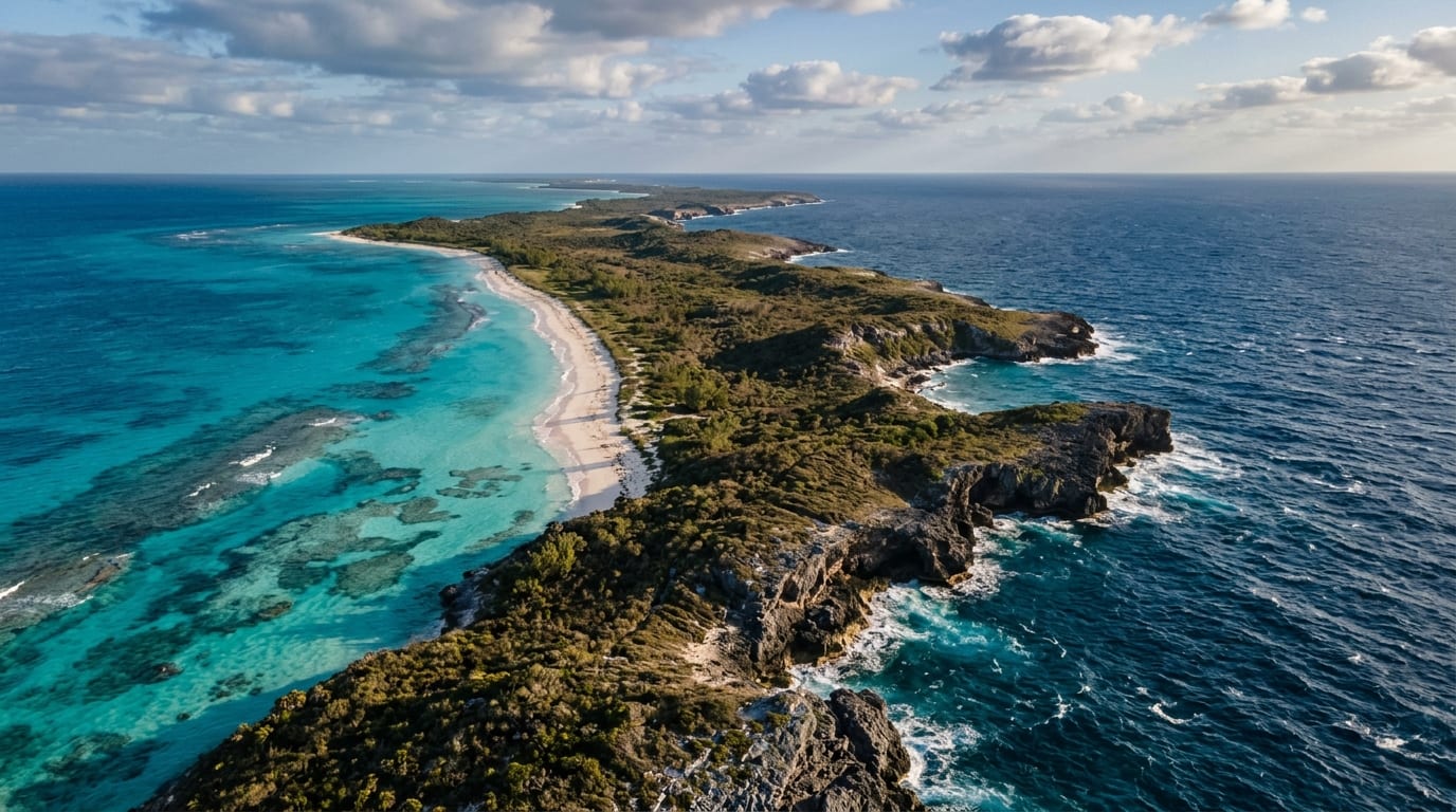 Aerial view of uninhabited Samana Cay showing rugged coastline, scrub vegetation, and turquoise waters stretching to the horizon