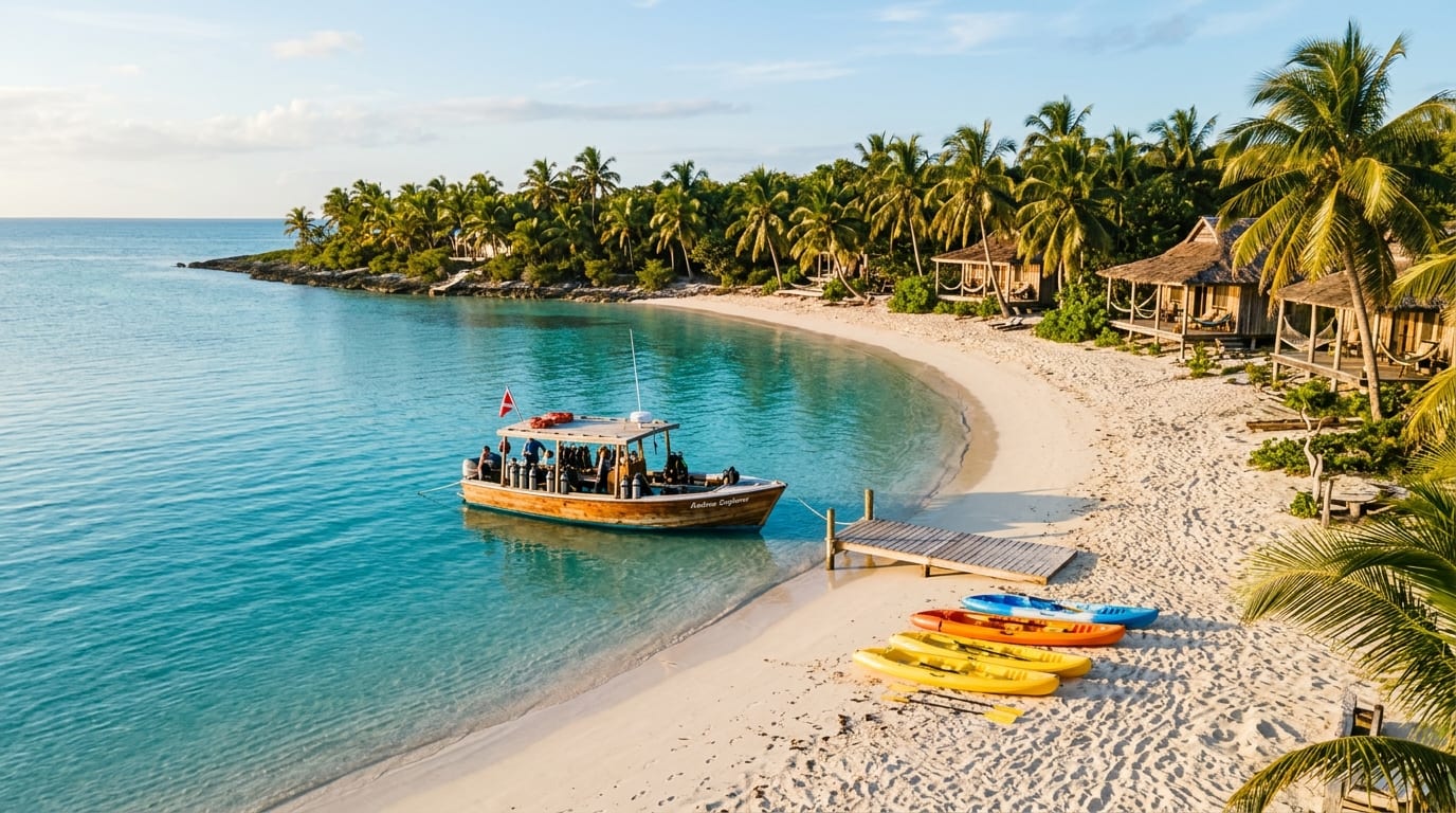 The crescent beach at Small Hope Bay with dive boats moored offshore and the historic lodge cabins visible among palm trees