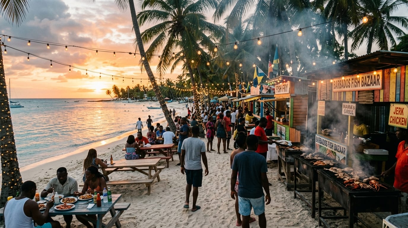 Beach scene at Smith's Point with fish fry vendors, smoke rising from grills, colourful lights strung between palm trees, and the Caribbean Sea at sunset