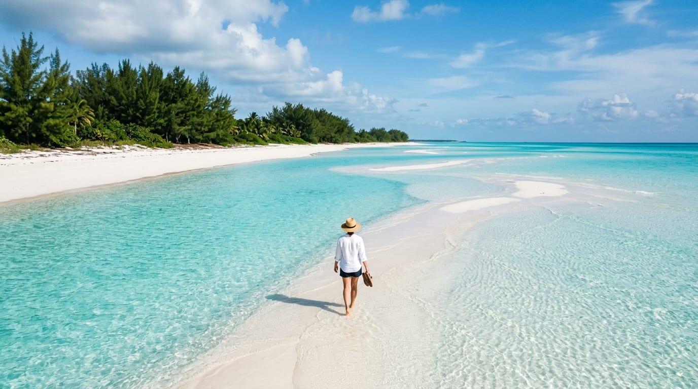Wide Somerset Beach with turquoise shallow water extending to distant sandbars under a bright tropical sky
