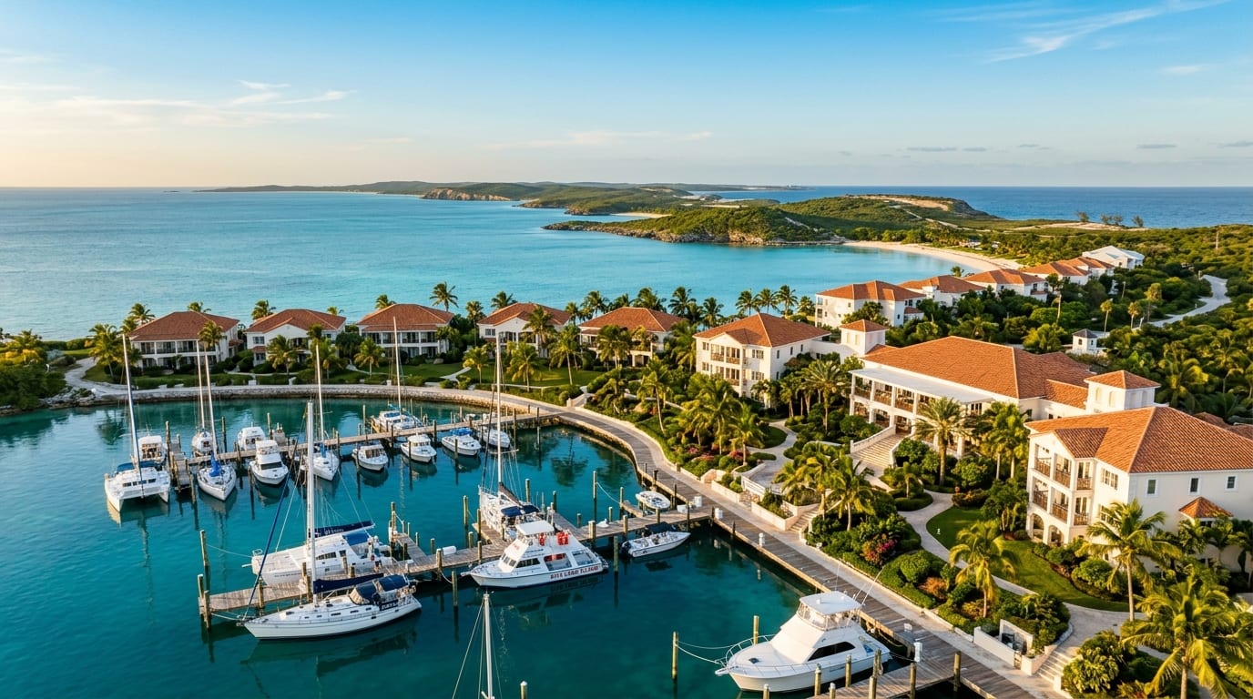 Stella Maris Resort overlooking turquoise waters with dive boat at marina Long Island Bahamas