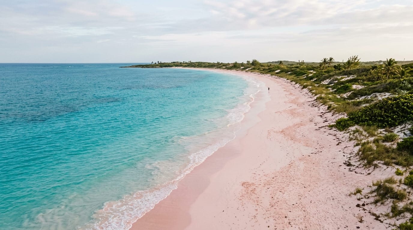 Wide pink-tinged sand beach at Tay Bay with calm turquoise water and low dunes under a bright Caribbean sky