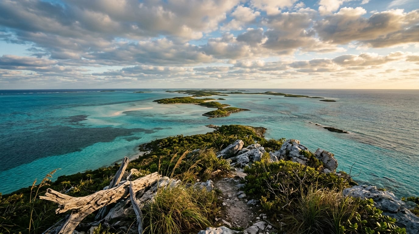 Panoramic view from Boo Boo Hill overlooking turquoise waters and scattered cays of the Exuma Land and Sea Park