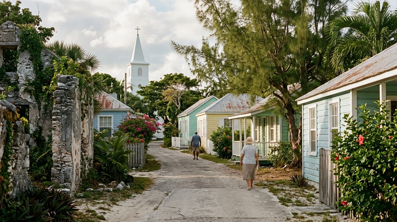 Quiet main road through Wemyss Bight with traditional Bahamian homes, mature trees, and the steeple of Mt. Olive Tabernacle visible in the background