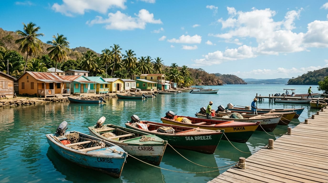 Weathered fishing boats moored at a quiet harbour in West End, Grand Bahama, with palm trees and simple waterfront buildings under a clear sky