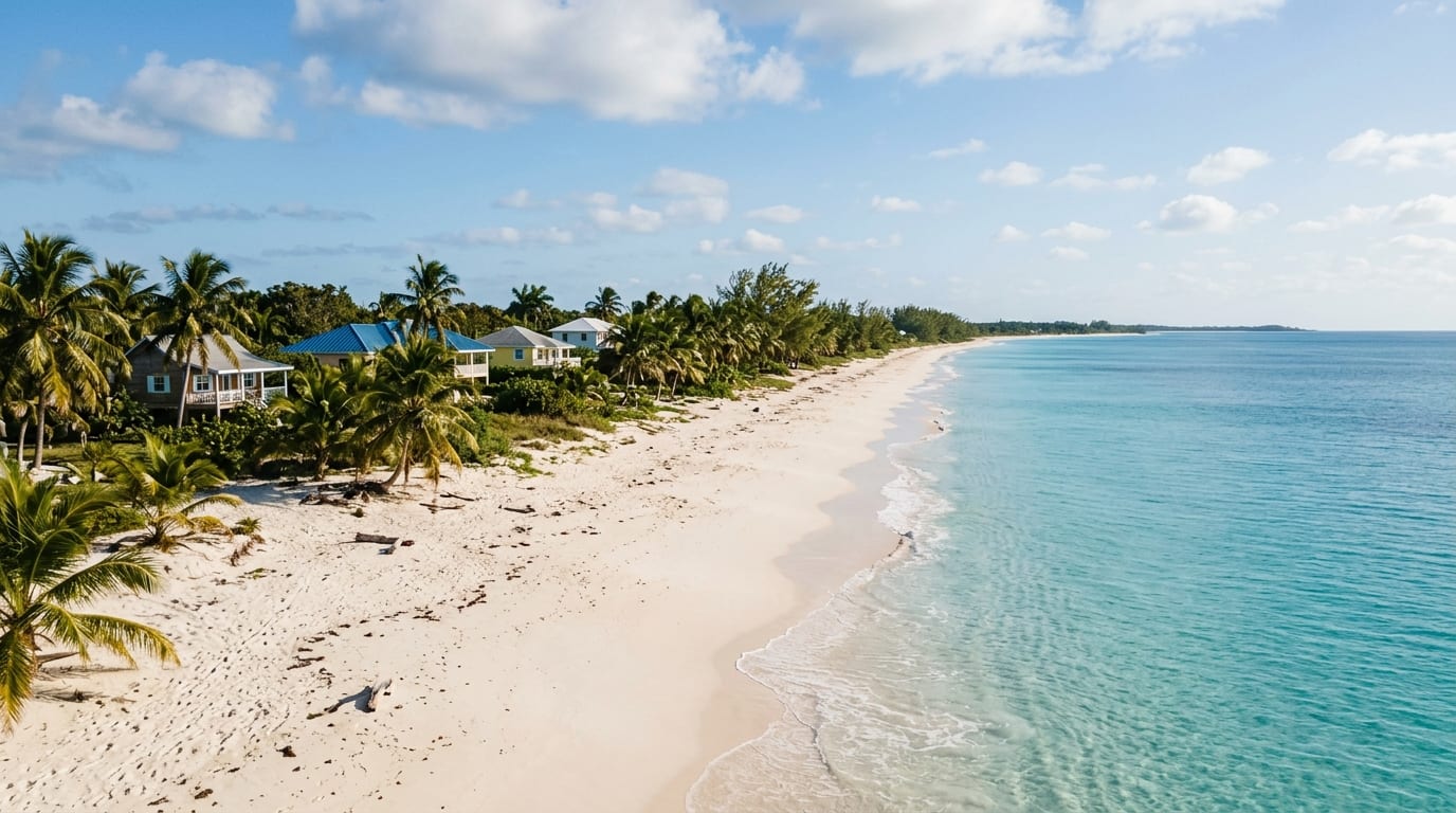 Long stretch of white sand beach at Williams Town with calm turquoise water and palm trees along the shoreline