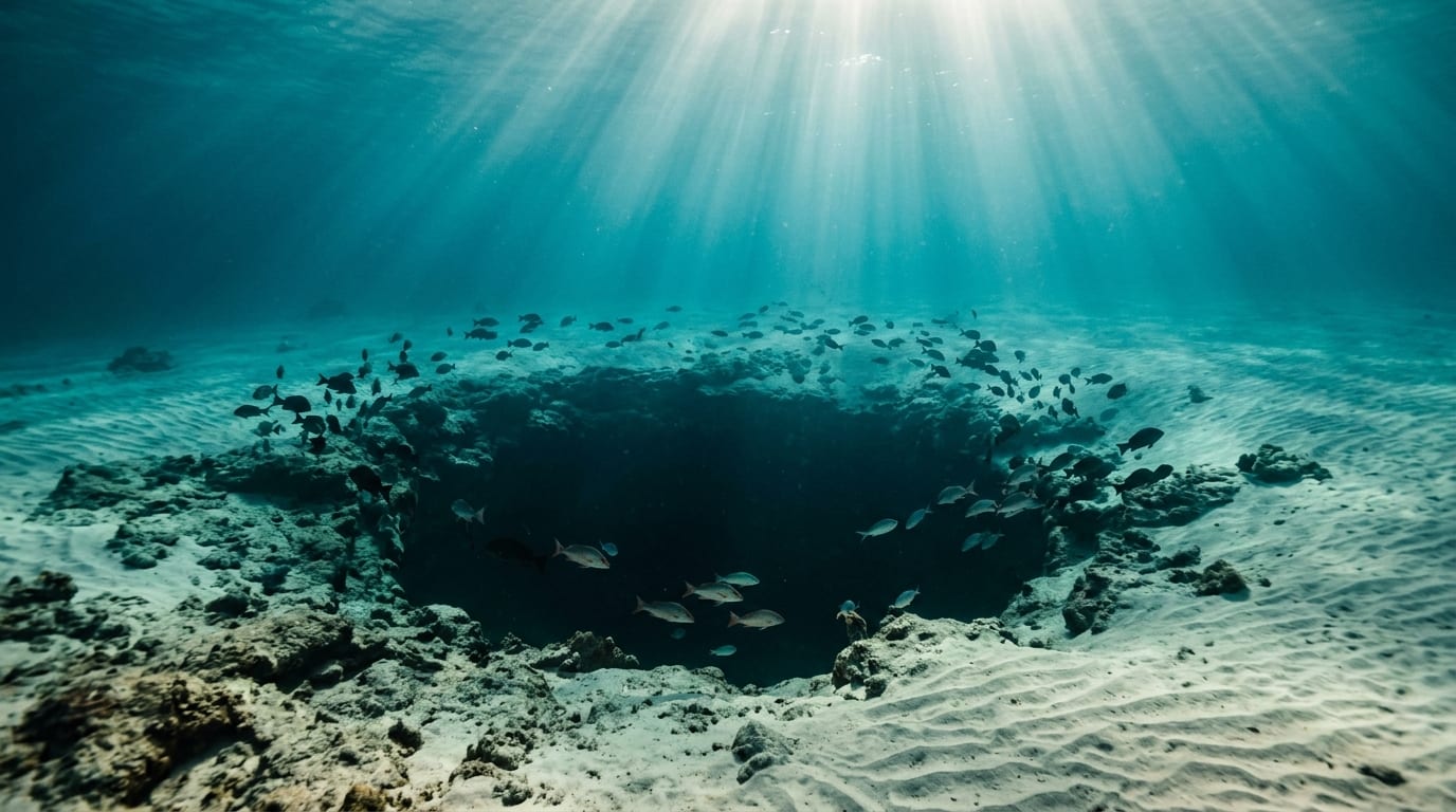Diver descending into the dark circular opening of Angelfish Blue Hole with sunbeams penetrating the turquoise water and fish circling above
