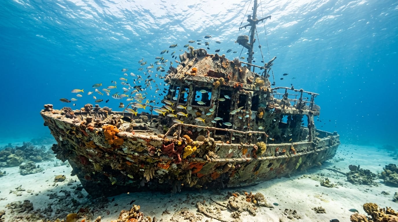 The Bahama Mama party boat wreck sitting upright on sandy bottom with coral growth on hull and fish swimming around wheelhouse
