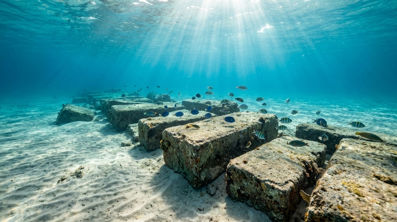 Massive rectangular limestone blocks of the Bimini Road formation underwater, arranged in a linear pattern on sandy bottom with sunlight filtering through clear blue water
