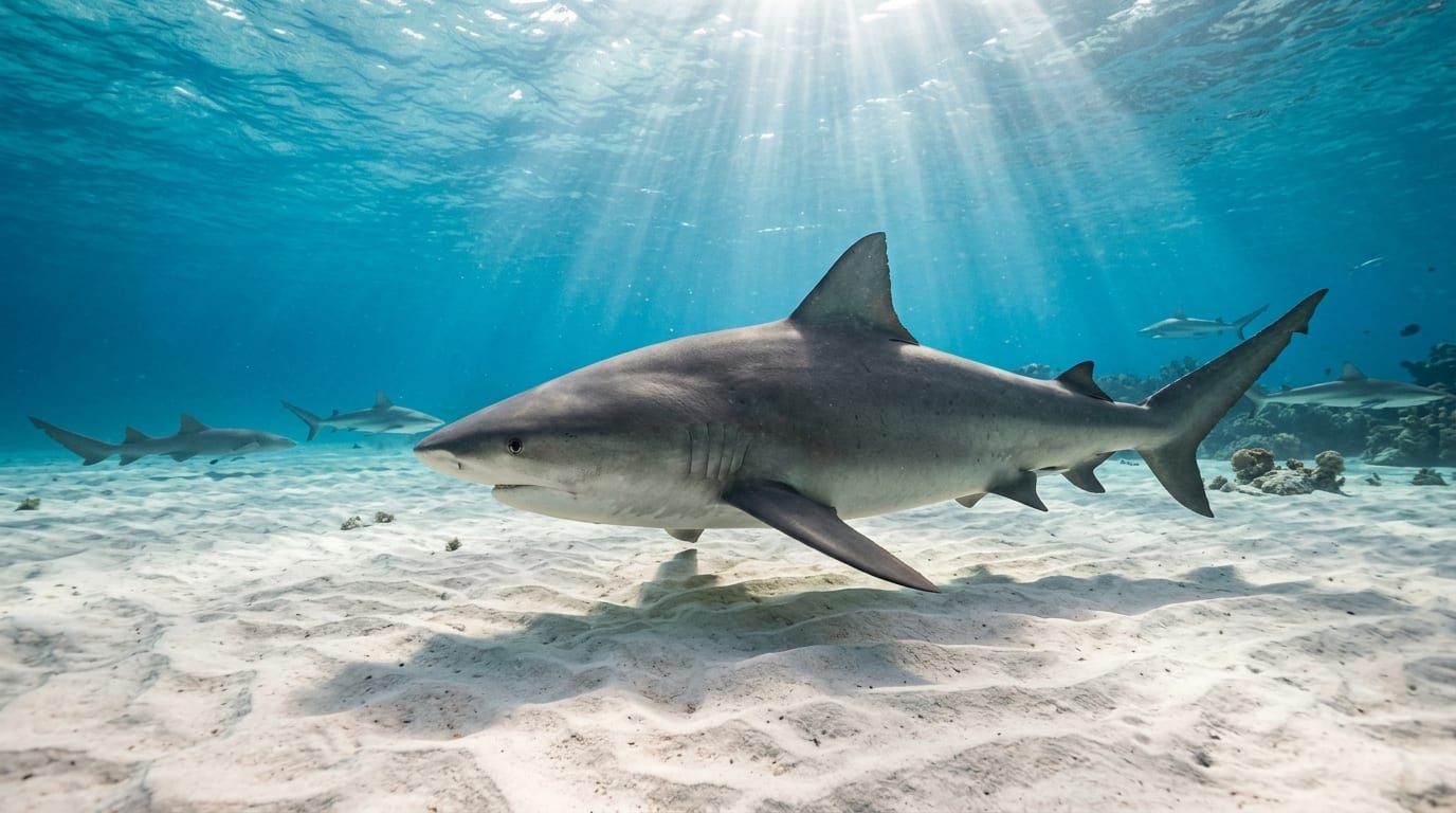 Large bull shark swimming close to the sandy bottom at Bull Run dive site in Bimini, with clear blue water and professional dive staff visible in the background