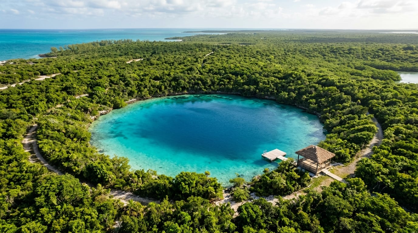 Aerial view of Captain Bill's Blue Hole showing the circular turquoise pool surrounded by green vegetation with the gazebo and dock visible at the edge