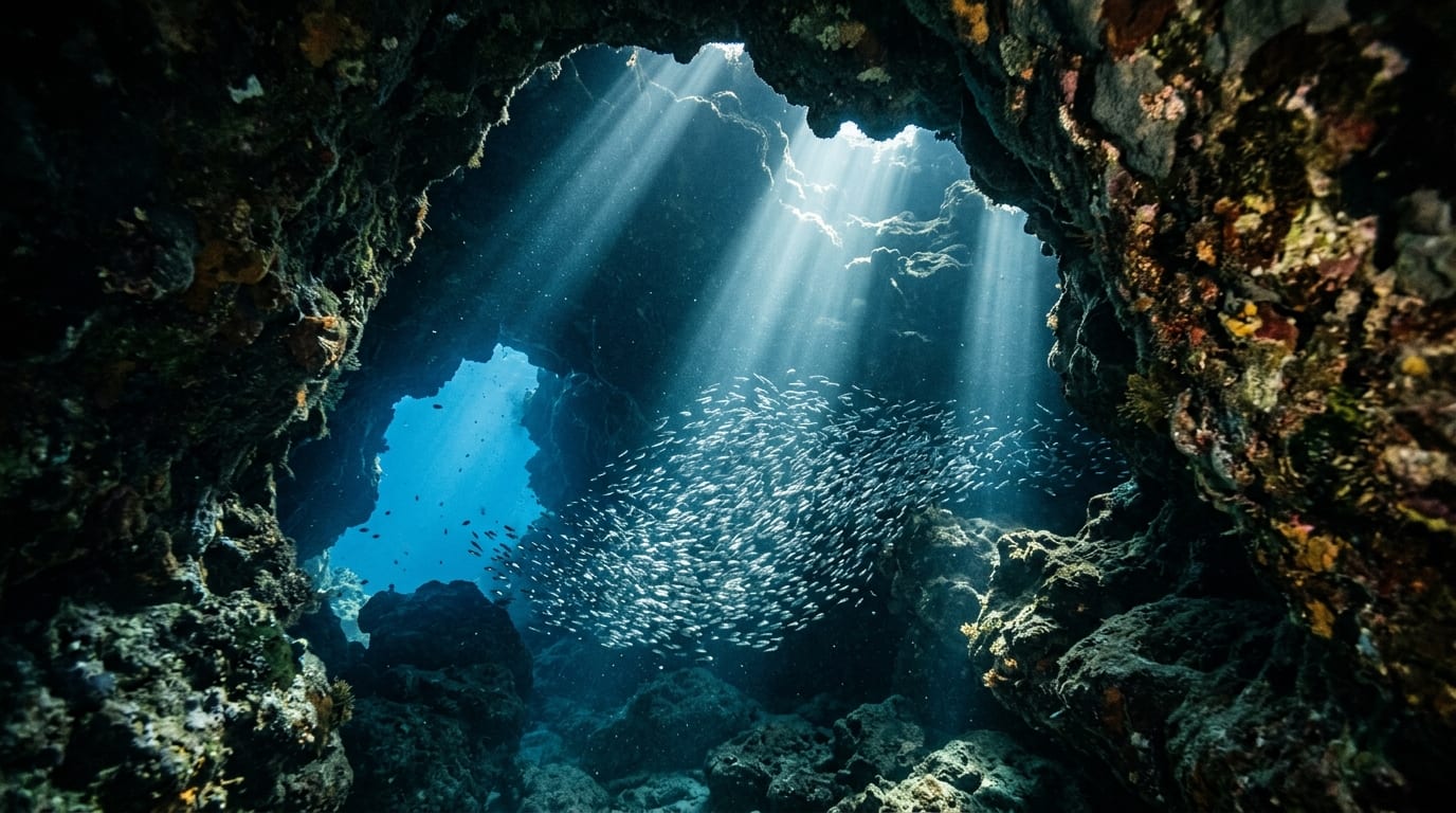 Sunlight streaming through openings in Cave Rock illuminating thousands of silversides swirling inside the underwater passage