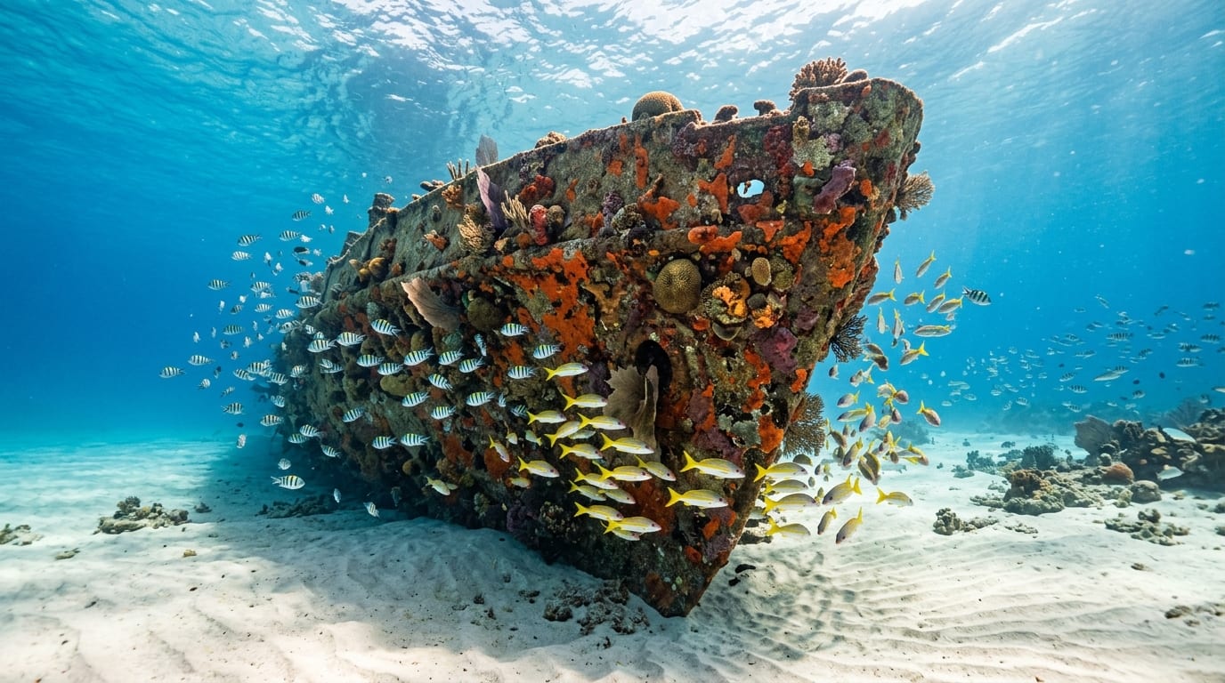 Large iron bow section of historic shipwreck covered in coral and sponges with tropical fish swimming around structure in clear shallow water