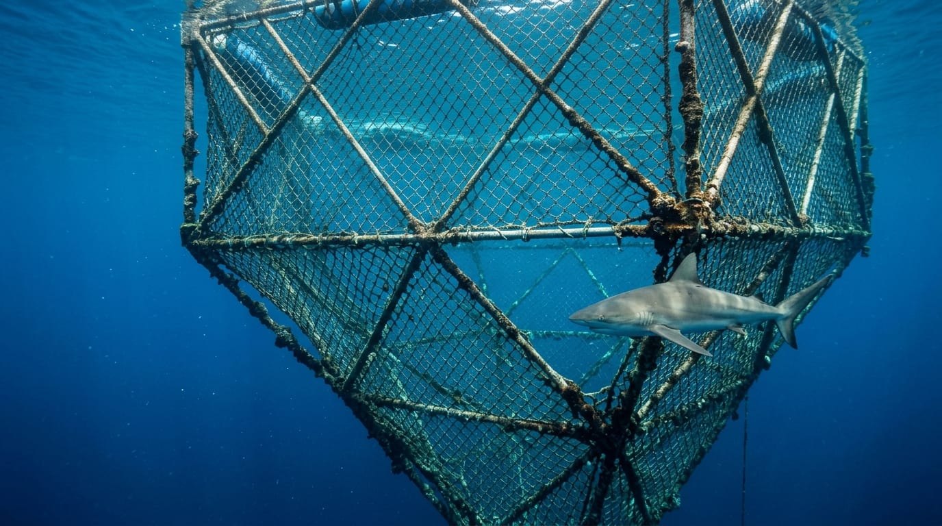 Diamond-shaped Cobia Cage floating in deep blue water with reef shark swimming past the geometric netting structure