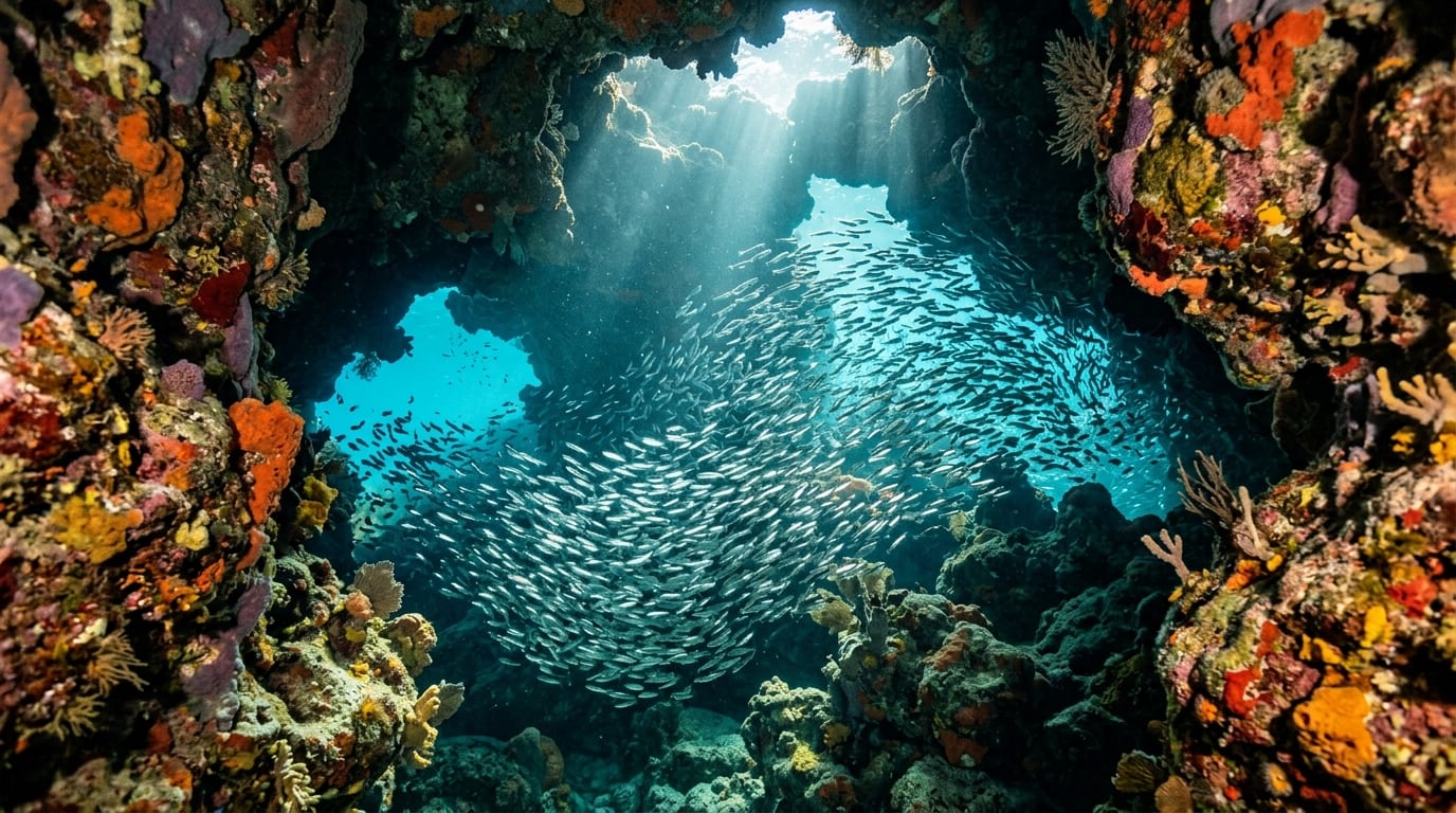 A diver explores a sun-dappled underwater cavern filled with shimmering silversides at Coral Caverns in Abaco