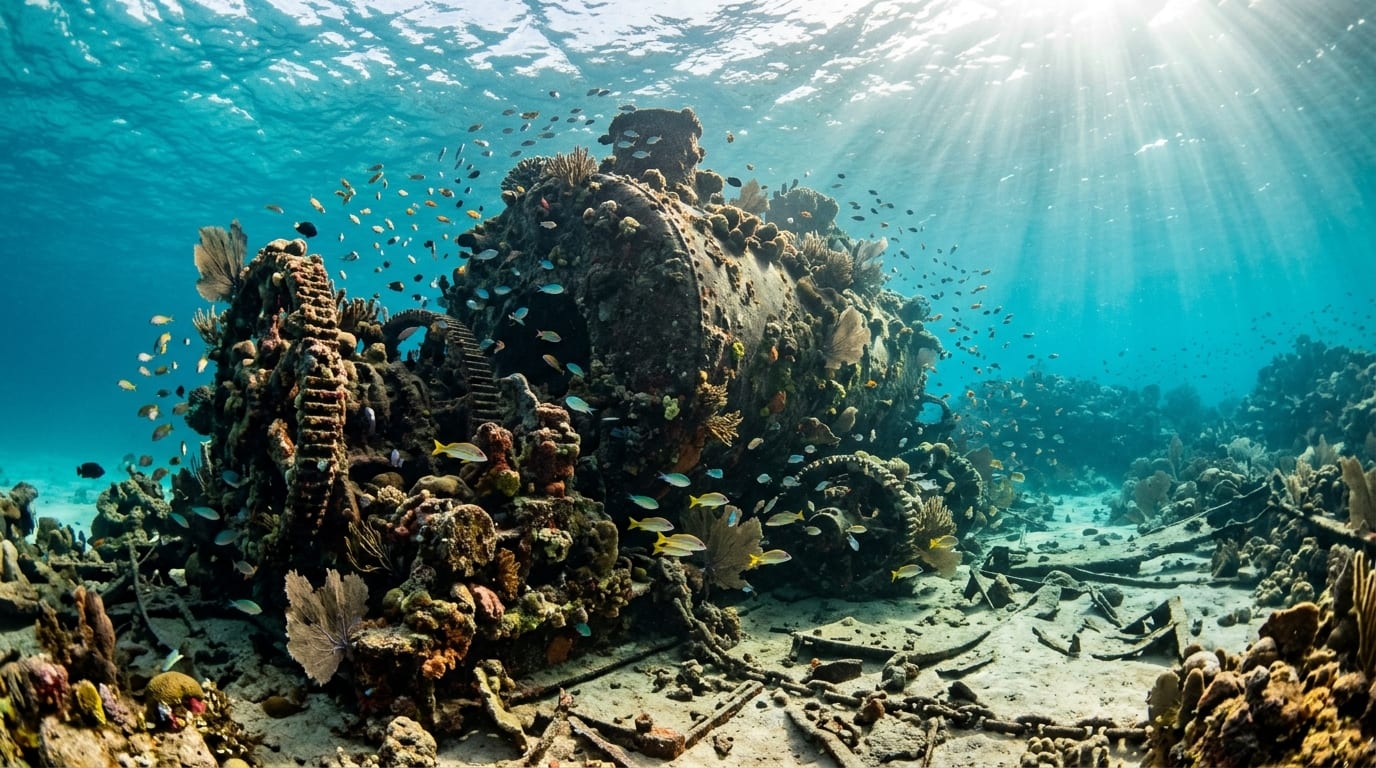 Coral-encrusted boiler of the Cienfuegos wreck at Devil's Backbone with tropical fish swimming around the historic steamship remains