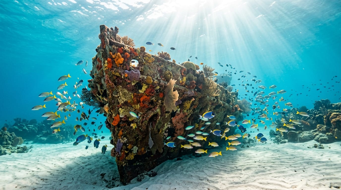 Coral-encrusted bow of the Cienfuegos shipwreck rising from sandy seabed with schools of tropical fish swimming through the structure