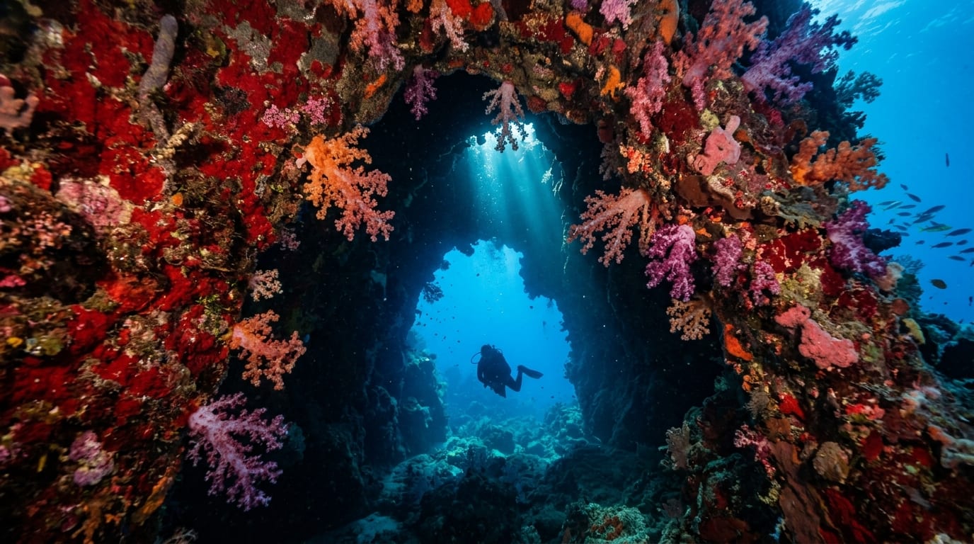 Scuba diver navigating through a coral passageway at Diana's Dungeons dive site in Andros Bahamas with red algae visible on walls
